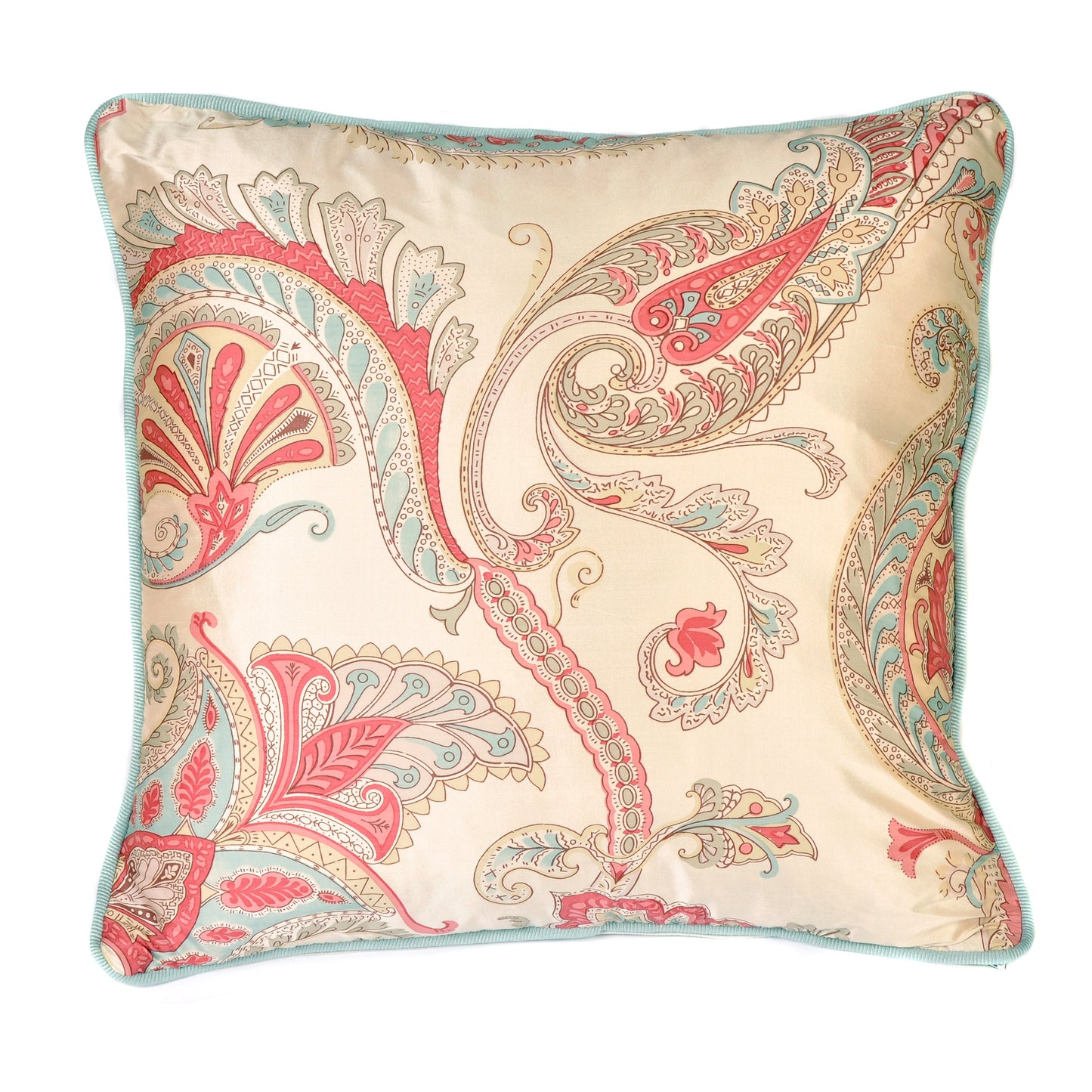 Pink and Aqua Paisley Silk Square Cushion Not specified