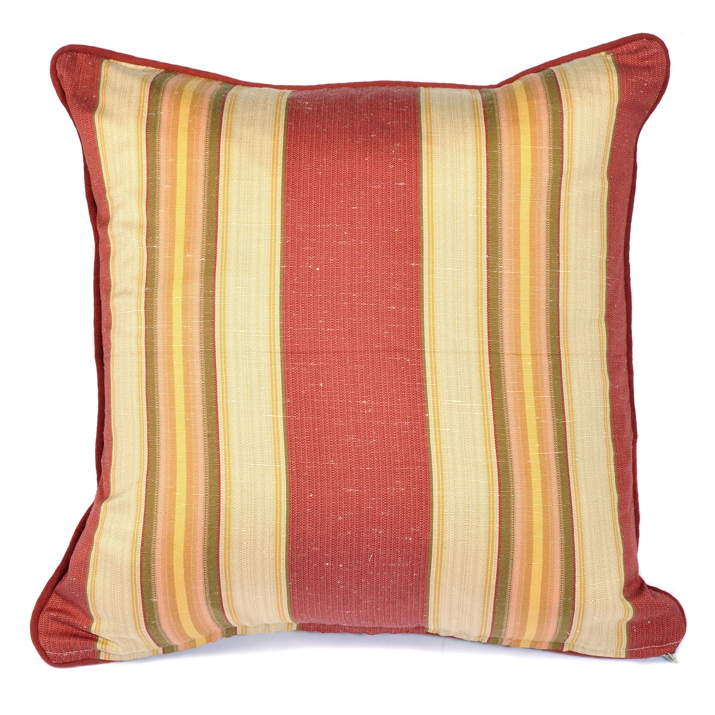 Red, Yellow, Ochre and Pink Striped Cushion with Red Piping