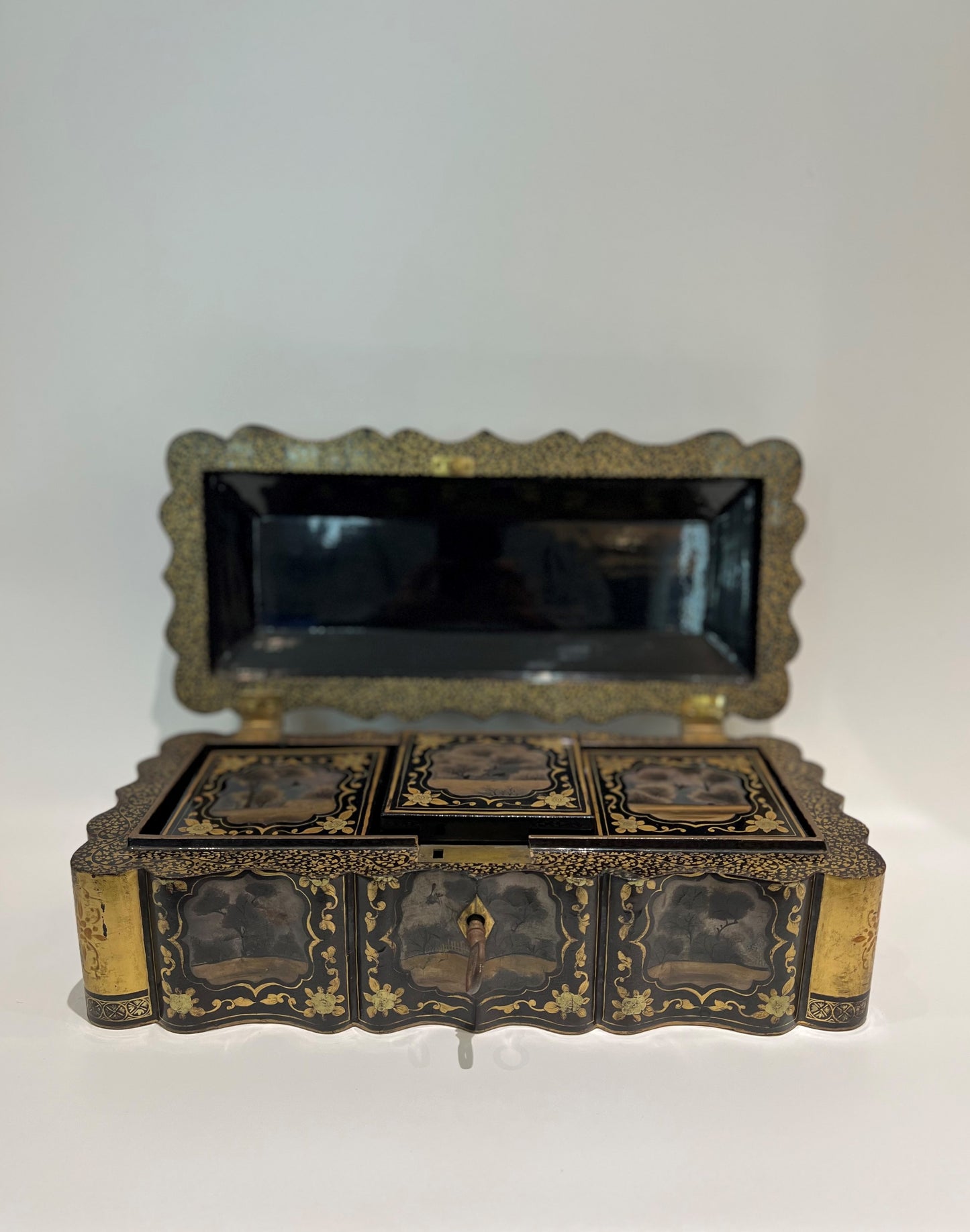 Mid 19th Century Gilt Decorated Black Lacquer Gaming Box Joanna Wood Shop