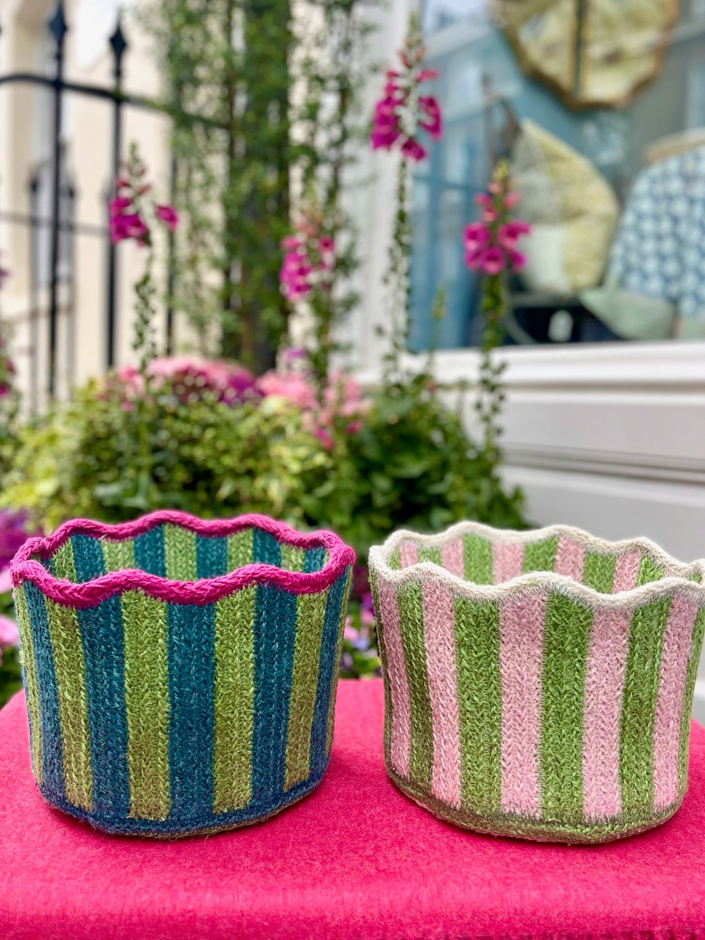 Green and Blue Striped Fluted Basket Joanna Wood Shop