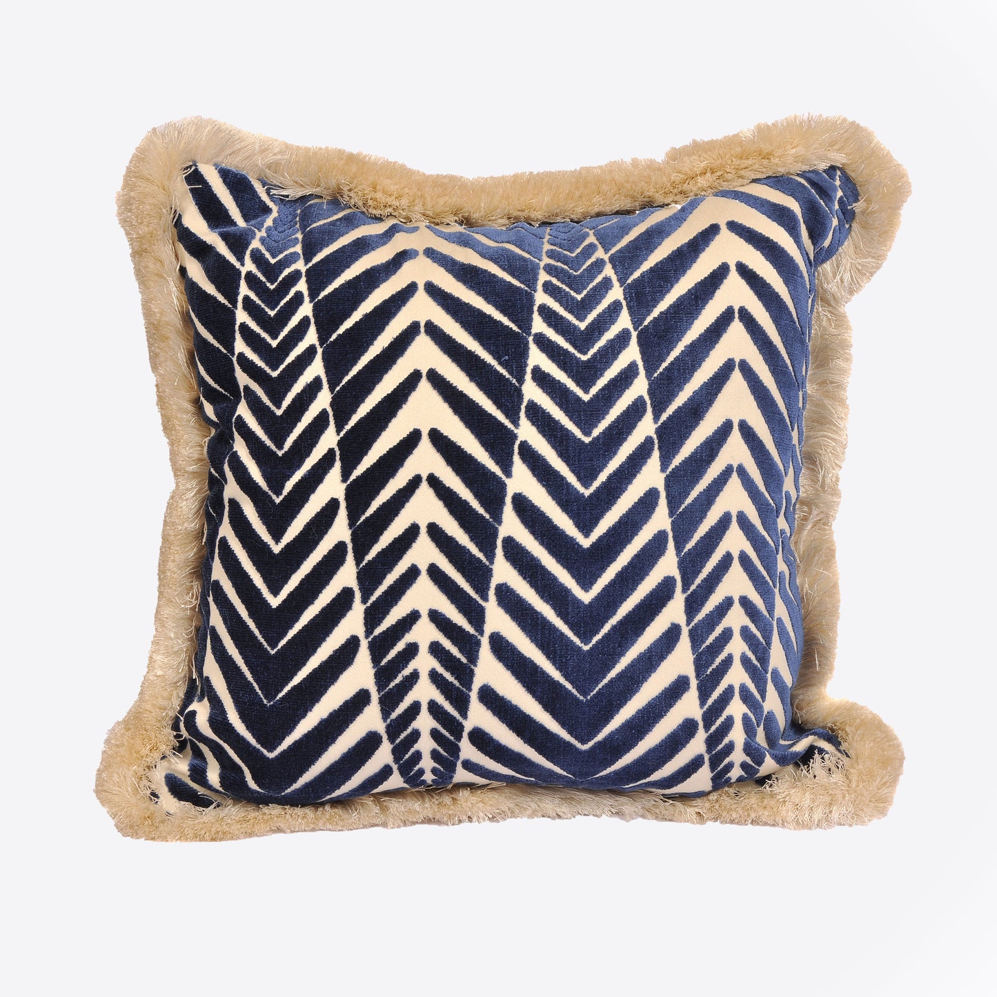 Navy Zigzag Velvet and Ivory Fringe Cushion Large Joanna Wood Shop