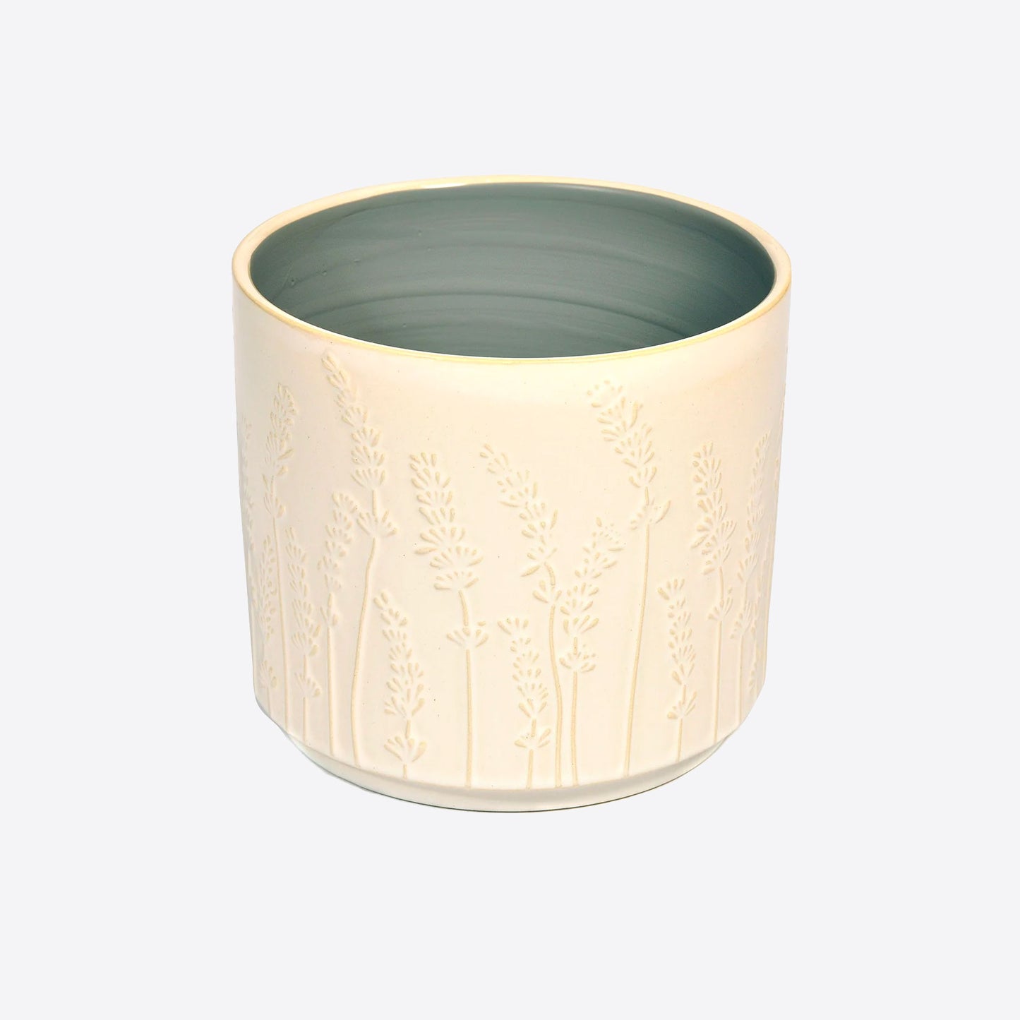 White planter with lavender detail