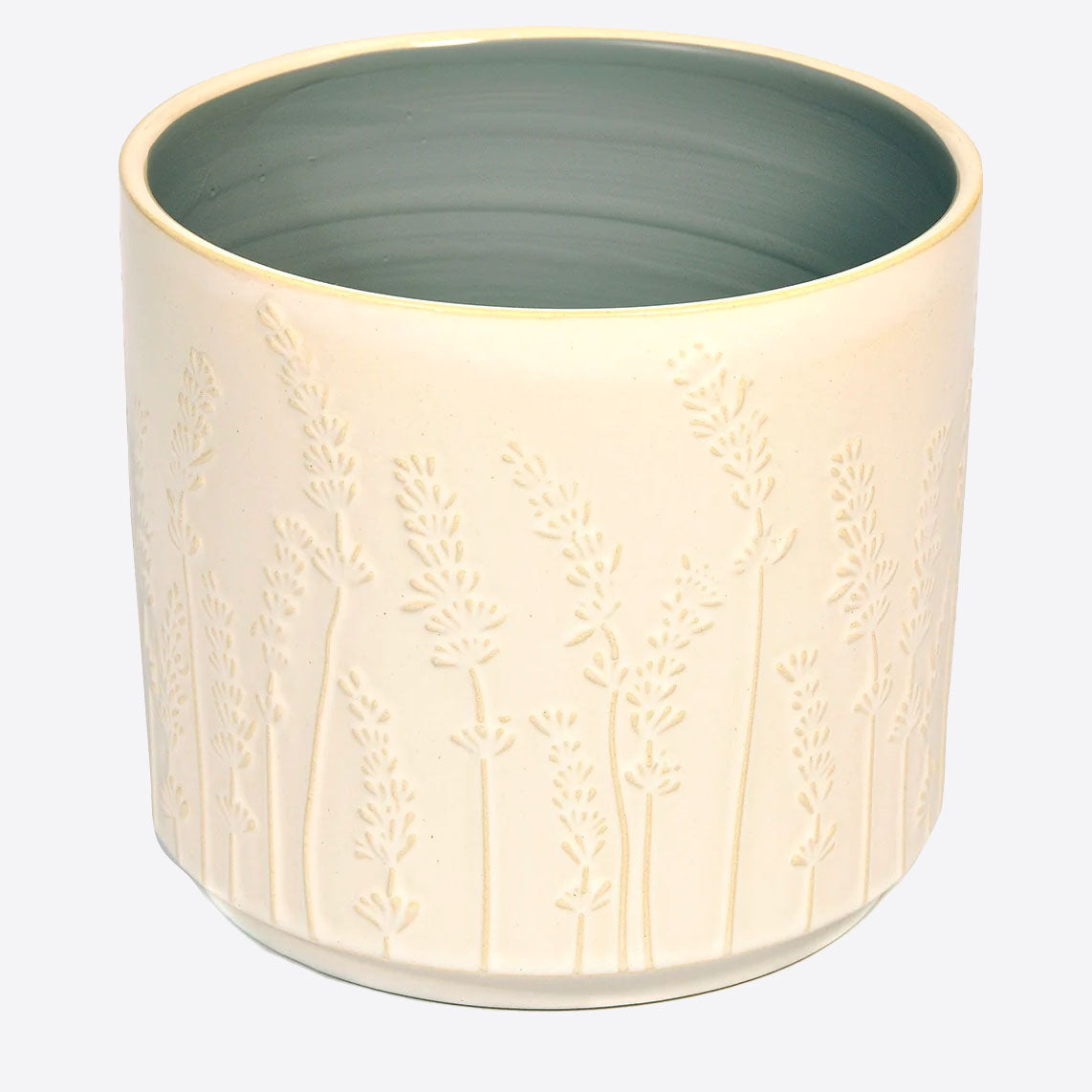 White planter with lavender detail