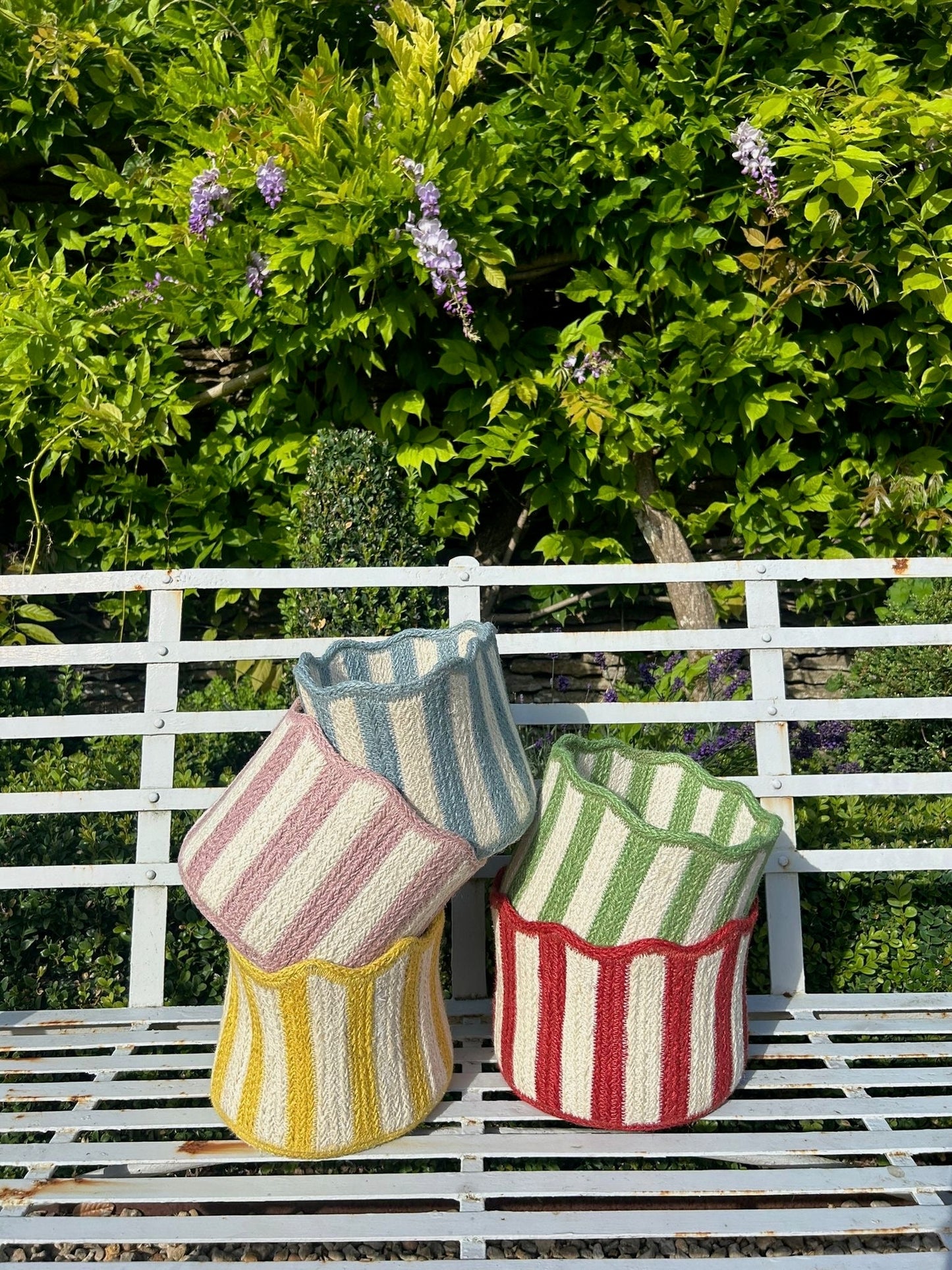 Pale Blue Striped Fluted Basket Not specified