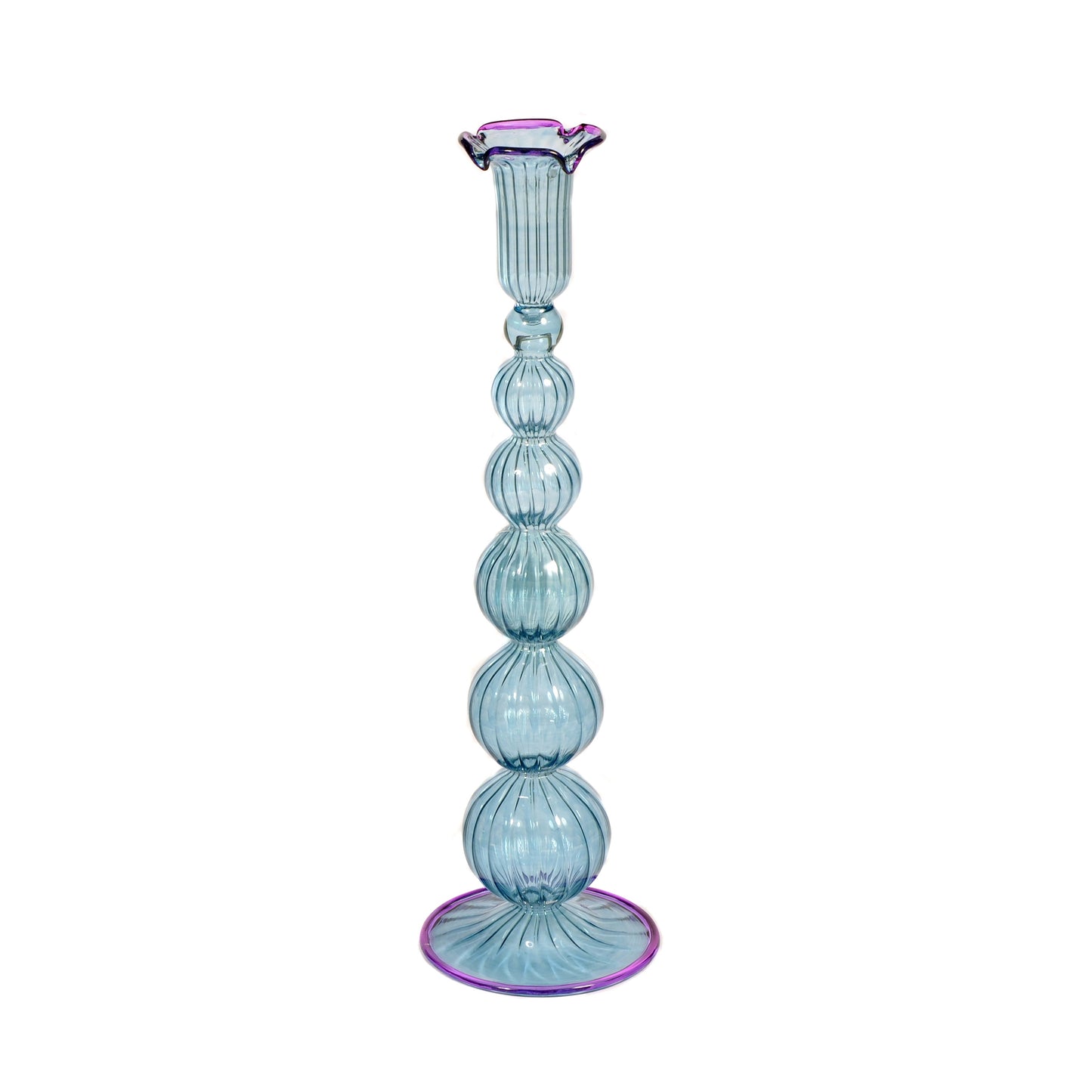 Tall Blue Magenta Edged Mouthblown Candlestick Not specified