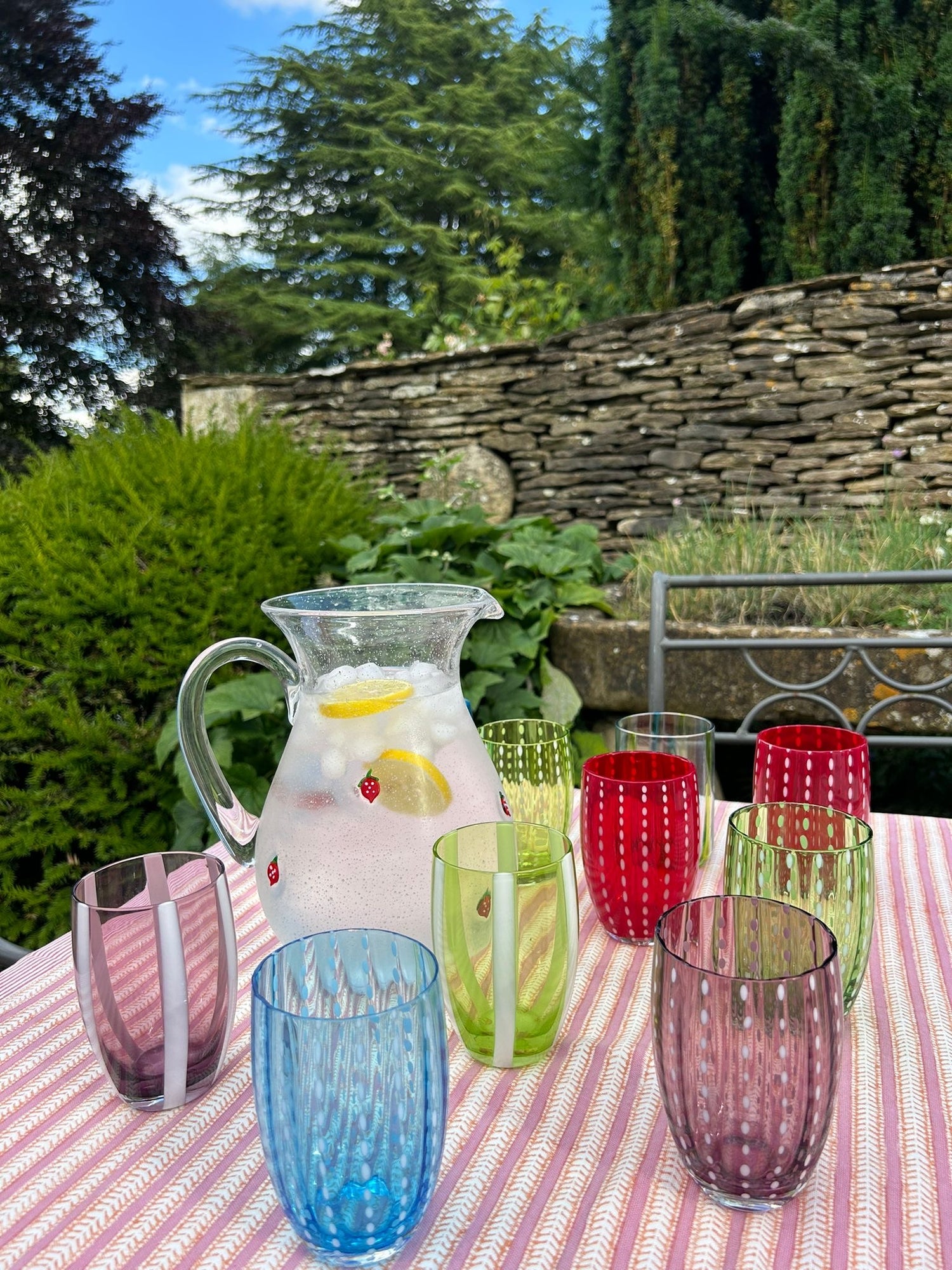 colourful-tumblers-with-strawberry-detailed-jug