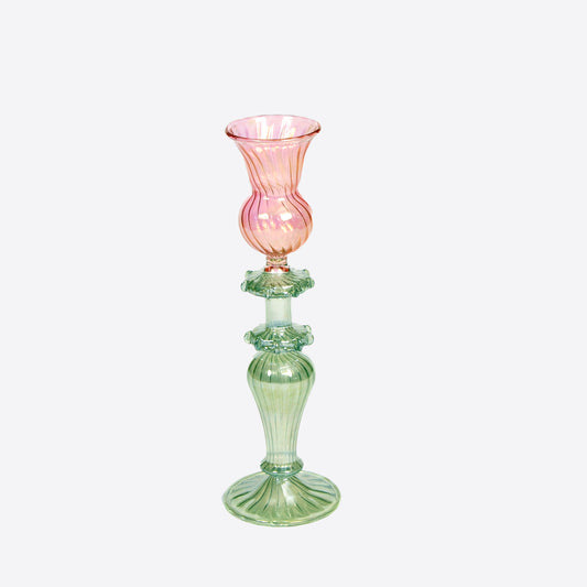 Fluted Pink and Green Mouthblown Candlestick