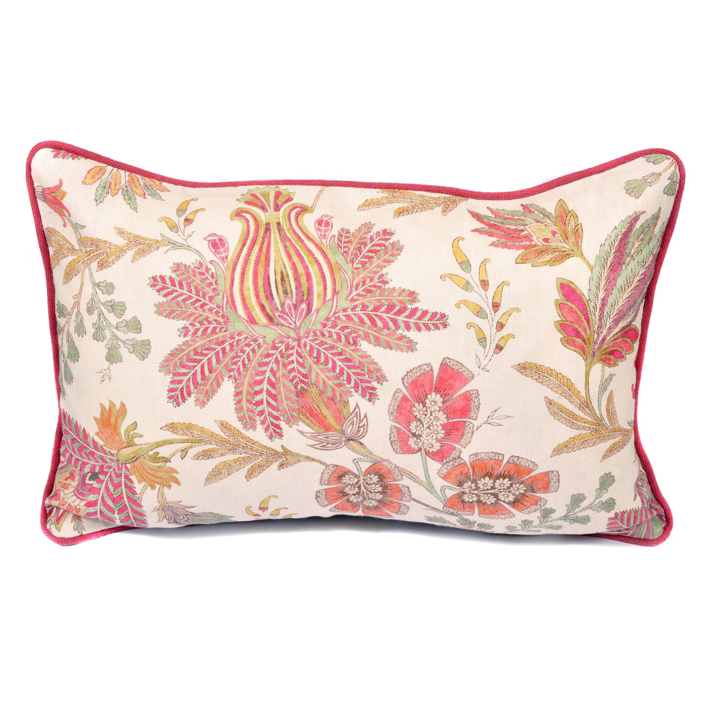 Pinks, Greens and Yellows Floral Rectangle Cushion with Pink Piping Joanna Wood Shop