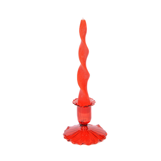 Red Glass Short Fluted Candlestick Not specified