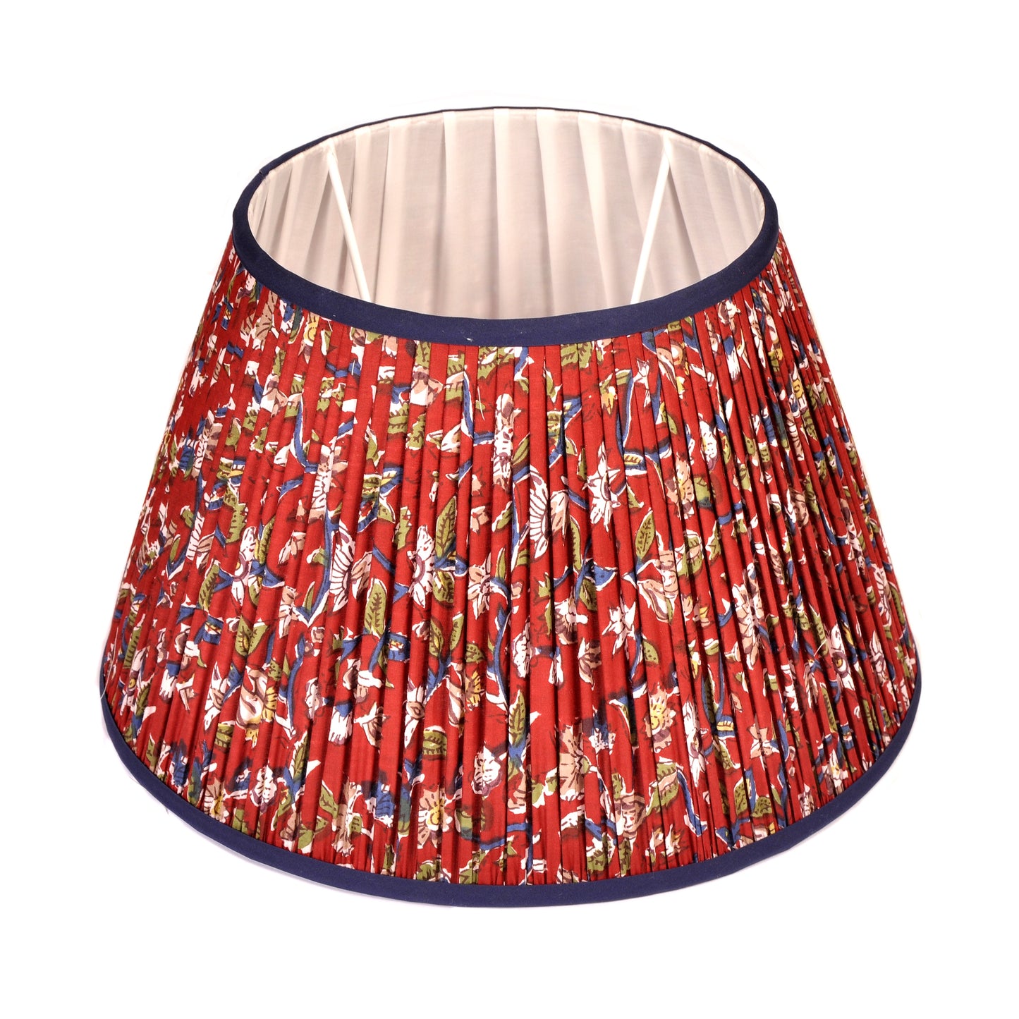 Red and Green Floral Pleated Lampshade with Navy Trim