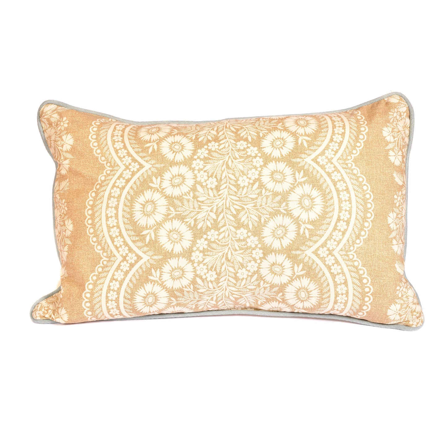 Mocha Floral Cushion with Blue Linen Piping Joanna Wood Shop