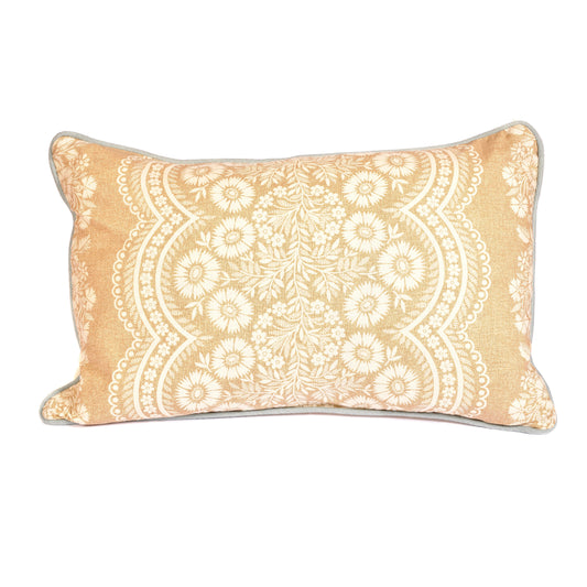 Mocha Floral Cushion with Blue Linen Piping Joanna Wood Shop