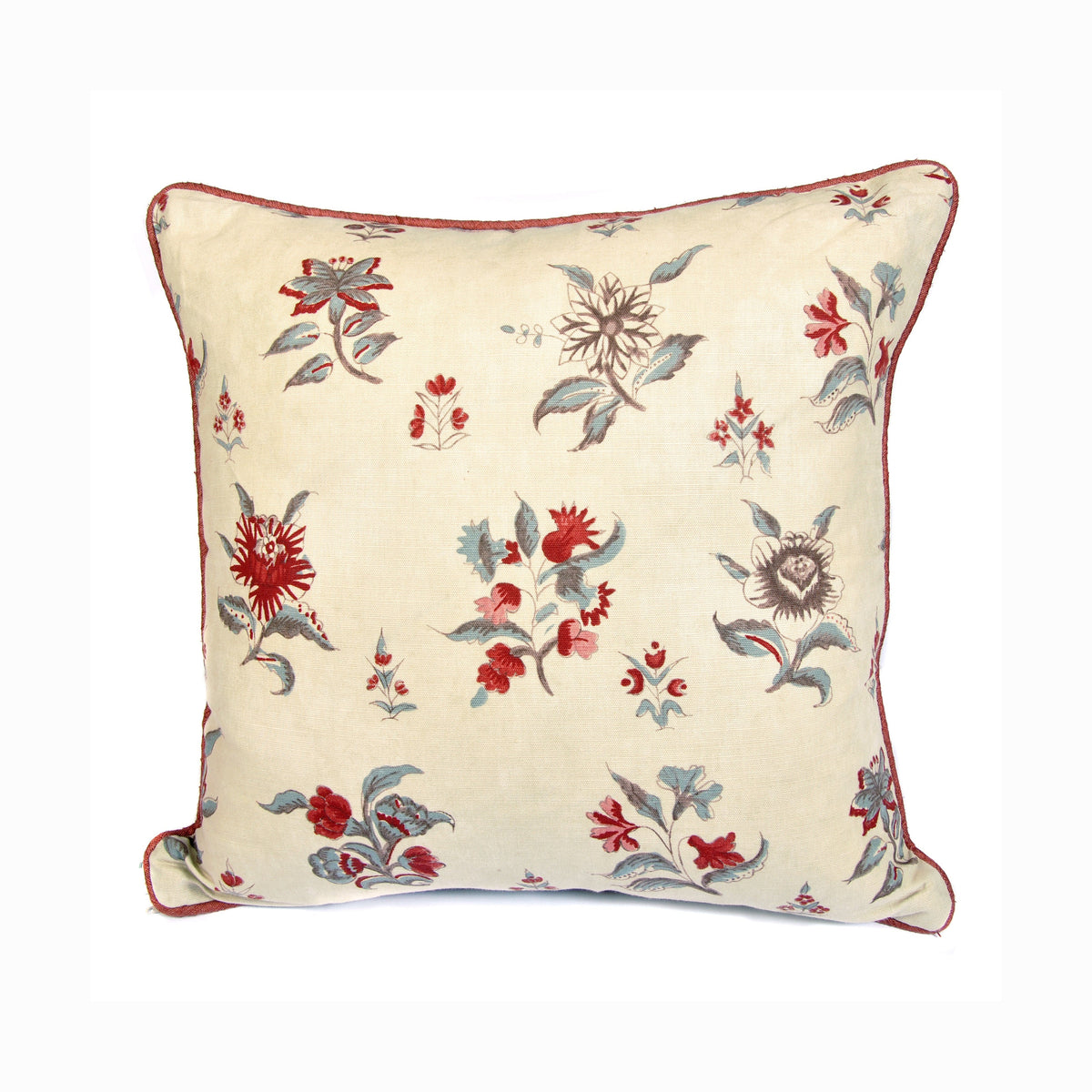 Red, Pink and Grey Blue Floral Rectangle Cushion with Red Piping Not specified