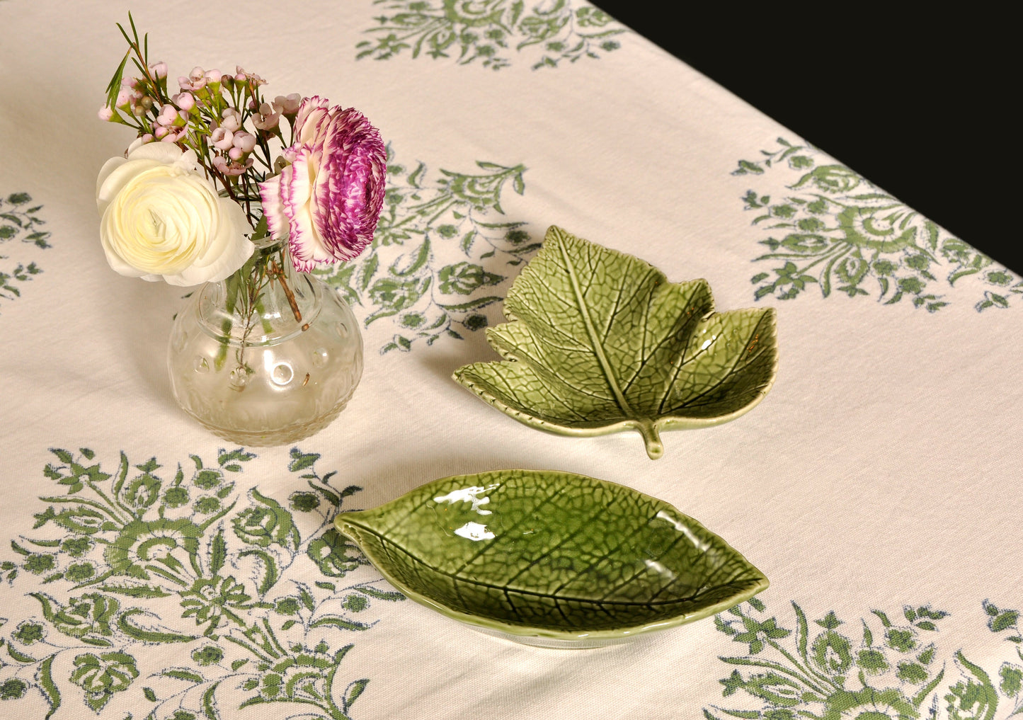 Cream Cotton Tablecloth with Green Bouquets Joanna Wood Shop