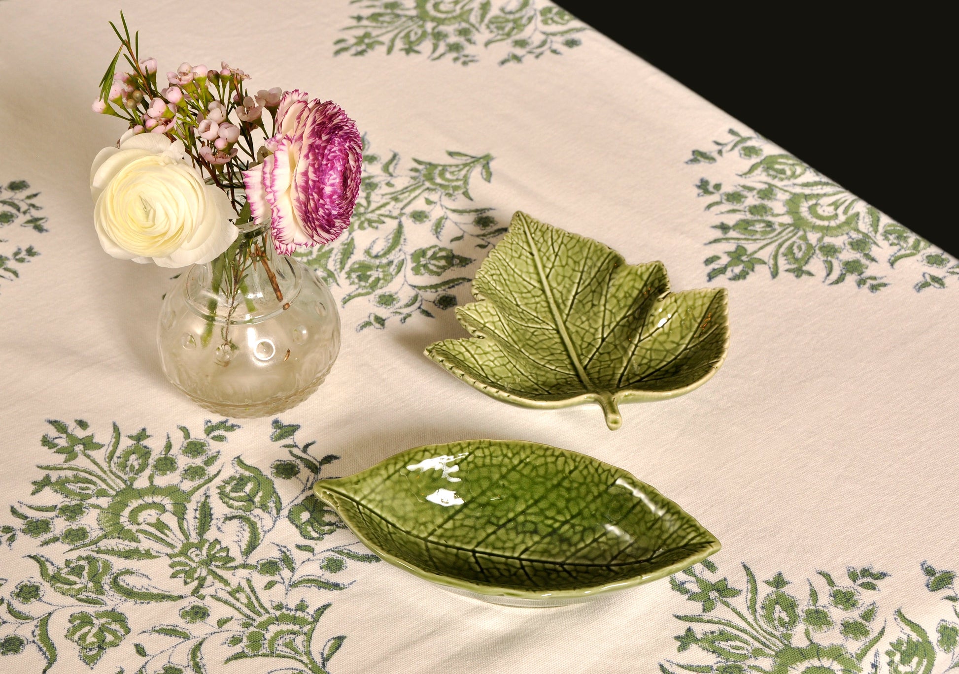Cream Cotton Tablecloth with Green Bouquets Joanna Wood Shop