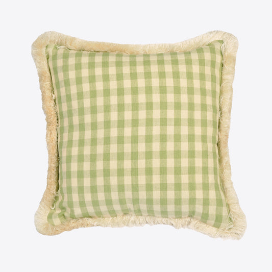 Green Gingham Square Cushion with Ivory Fringe Trim Not specified