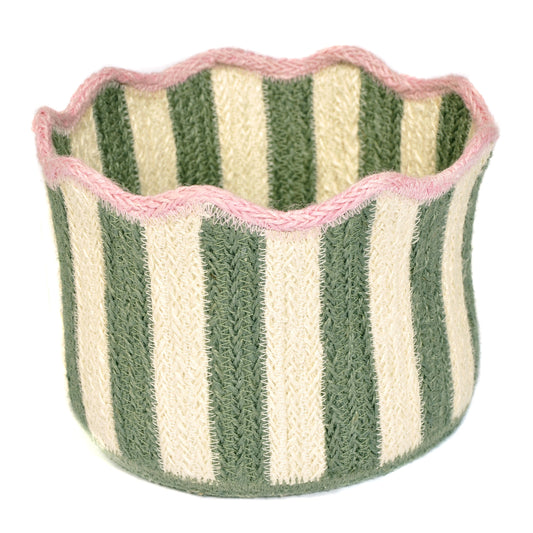 Olive and Ivory Striped Basket Not specified