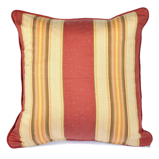 Red, Yellow, Ochre and Pink Striped Cushion with Red Piping