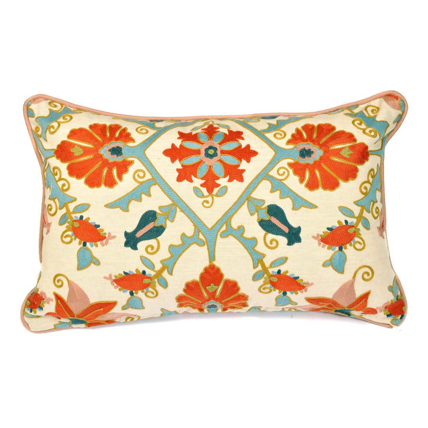 Burnt Orange and Blue Crewel Work Rectangular Cushion