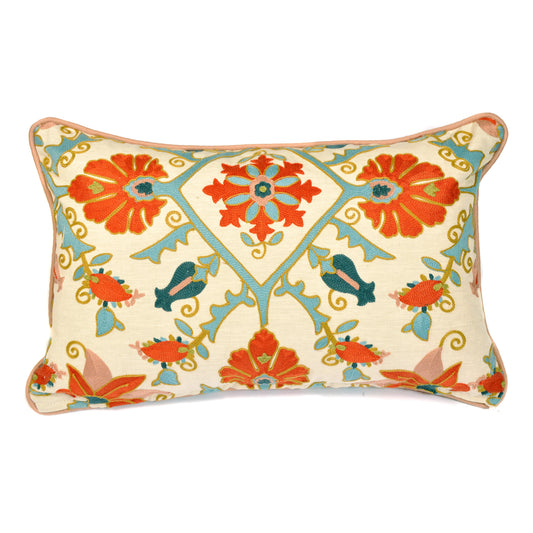 Burnt Orange and Blue Crewel Work Rectangular Cushion