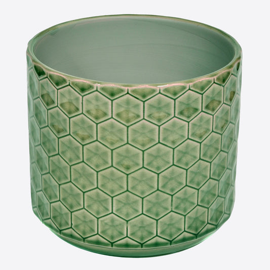 Large Green ceramic planter with honeycomb design 