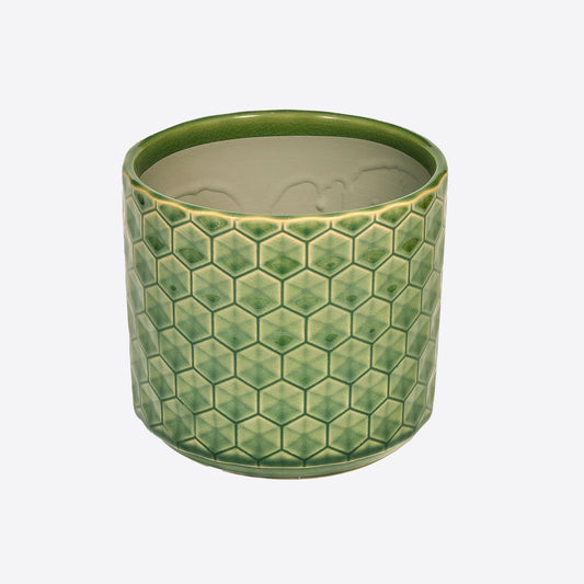 Green ceramic planter with honeycomb design 