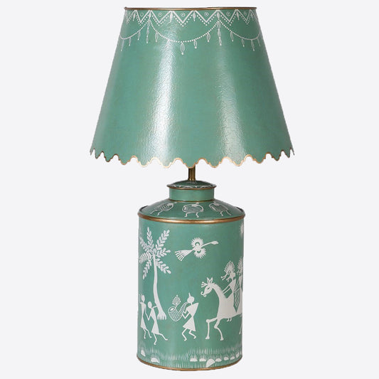 Green and White Tole Lamp with Scalloped Shade