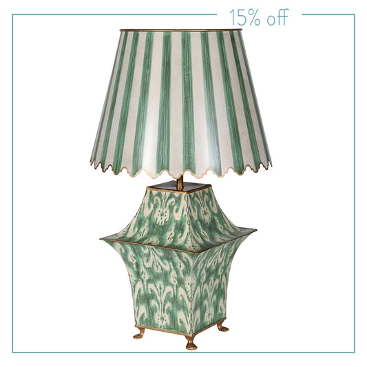 Green Ikat Lamp with Striped Shade Joanna Wood Shop