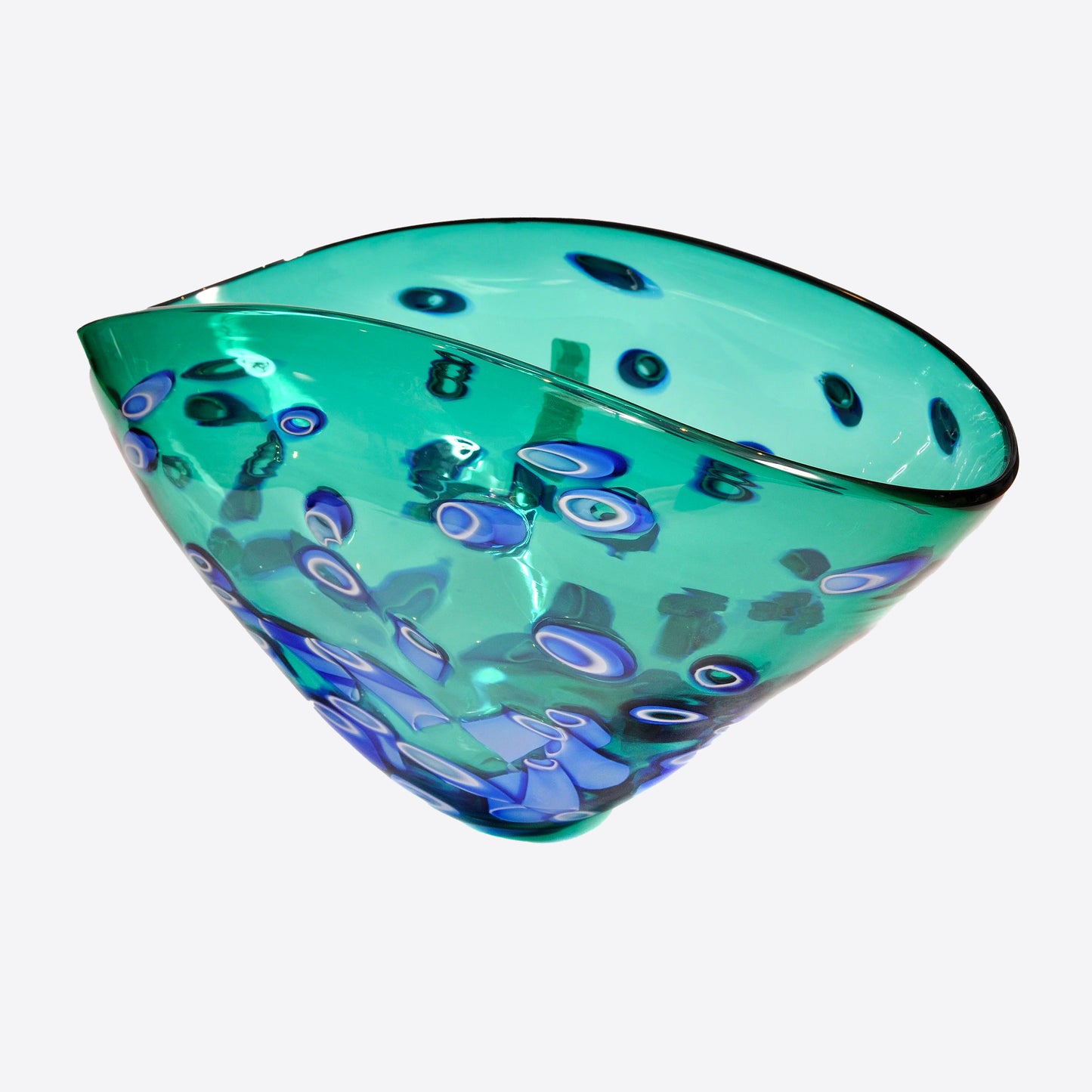 large aqua handblown glass bowl with blue hops detail