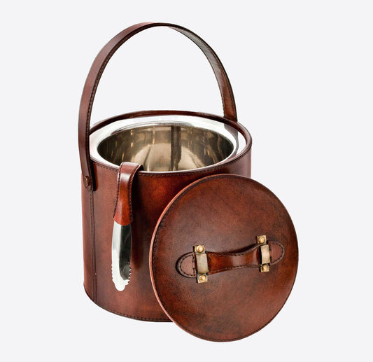 Tan Leather Ice Bucket with Tongs