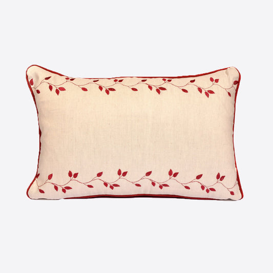 Linen Cushion with Red Leaves Design