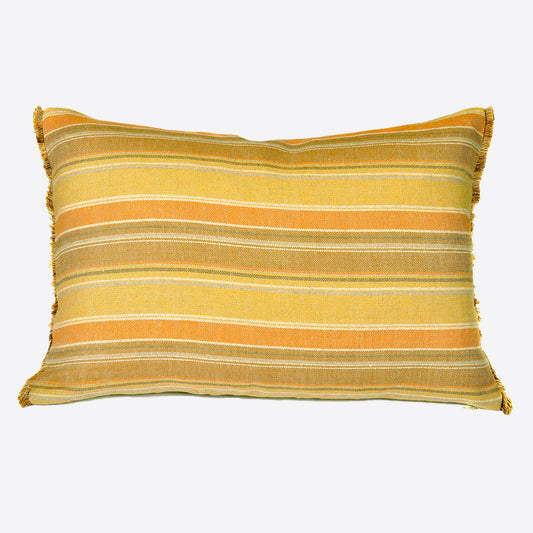 Mustard and Brick Striped Linen Cushion with Fringe