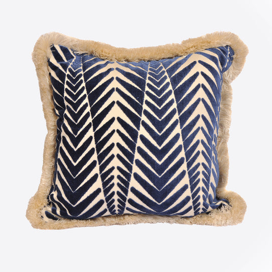 Navy Zigzag Velvet and Ivory Fringe Cushion Large