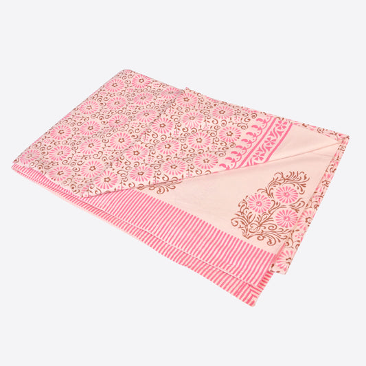 Pink Flowers and Stripes Cotton Tablecloth Large