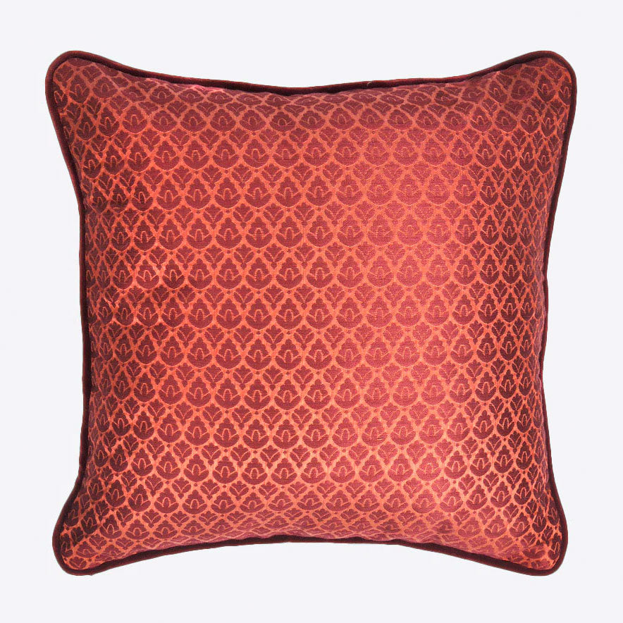 ruby print cushion with black velvet trim