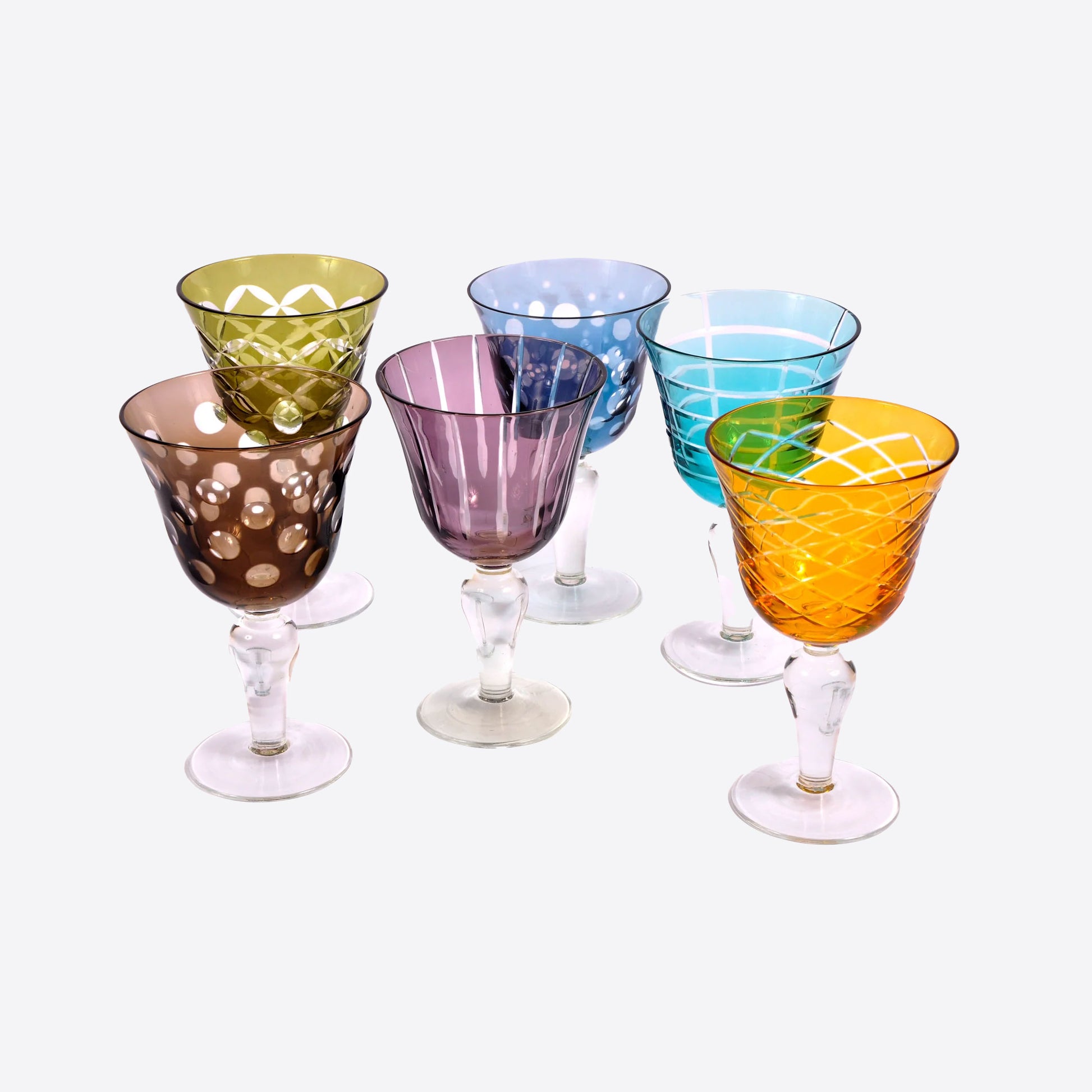 set of six brightly coloured wine glasses