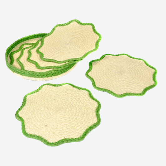 Raw Jute placemats with bright green scalloped edges and a handy basket