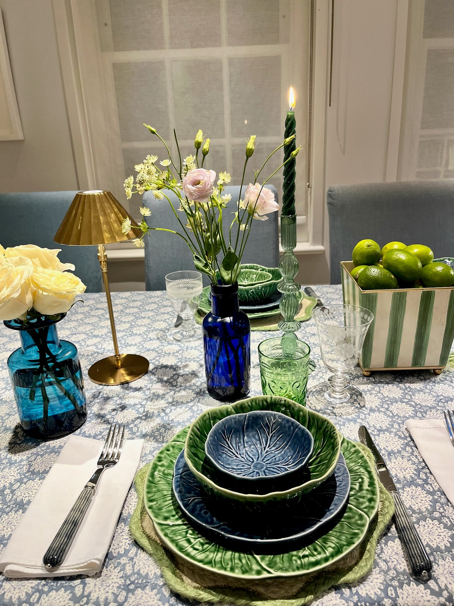 Blue Flower Tablecloth with Green Striped Border Not specified