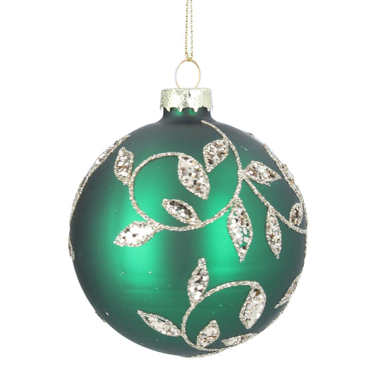 Green Bauble with Gold Glitter Leaves Not specified