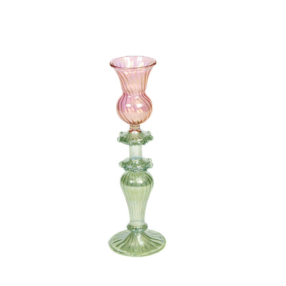 Fluted Pink and Green Mouthblown Candlestick Joanna Wood Shop