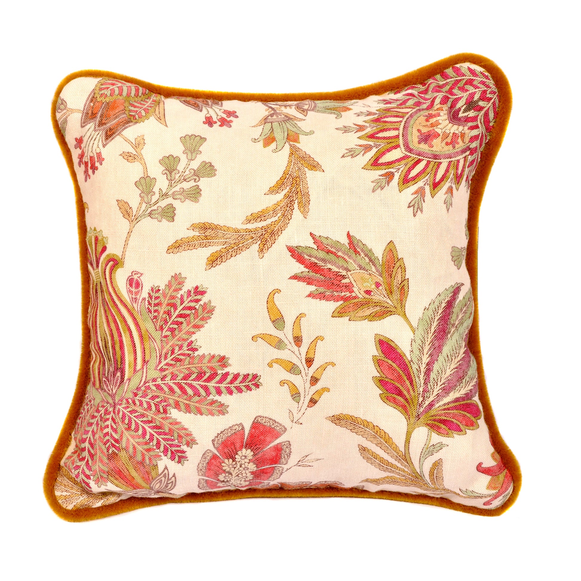 Pinks, Greens and Yellows Floral Cushion with Ochre Velvet Trim Not specified