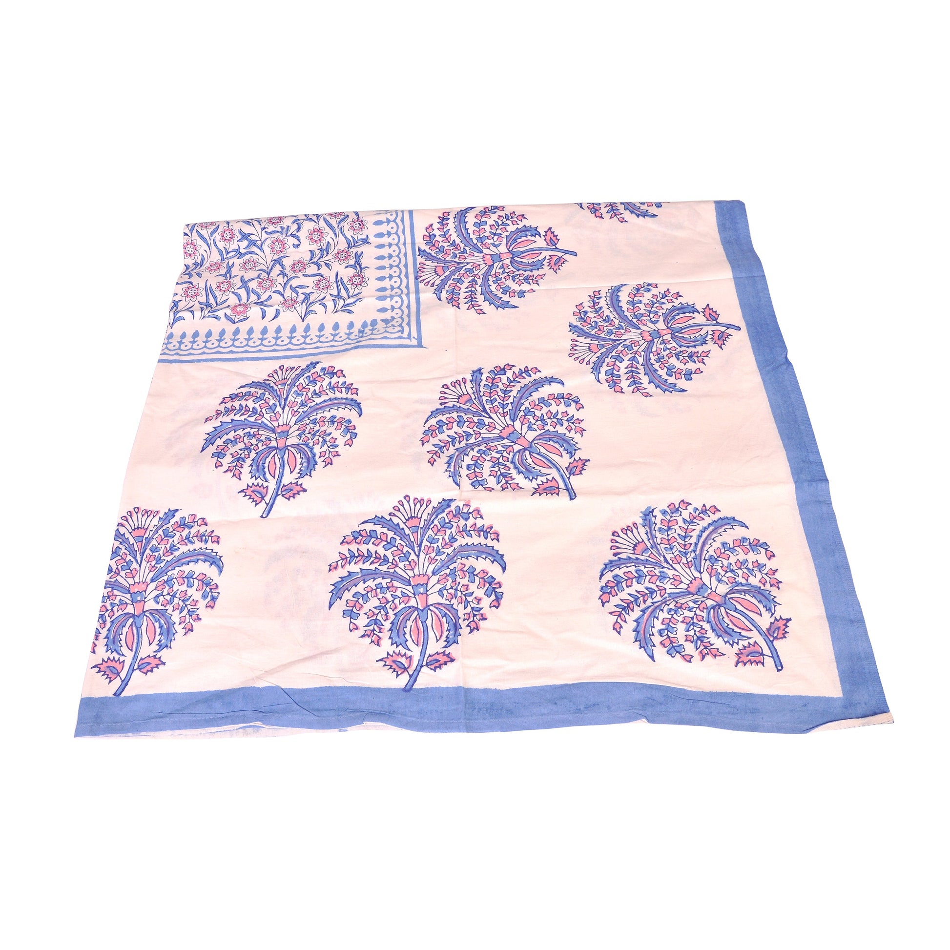 Block-printed Blue and Pink Floral Spray Cotton Tablecloth 