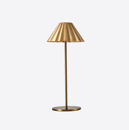 round base brass lamp with ribbed brass shade, no wires, rechargeable