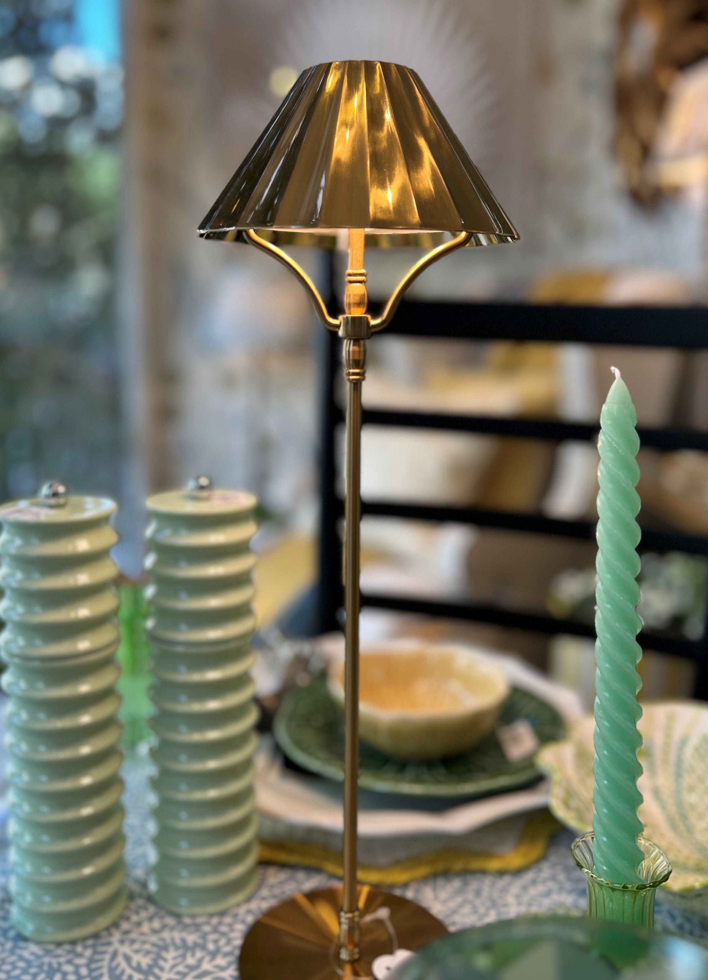 Large Rechargeable Brass Table Lamp with Brass Hood Joanna Wood